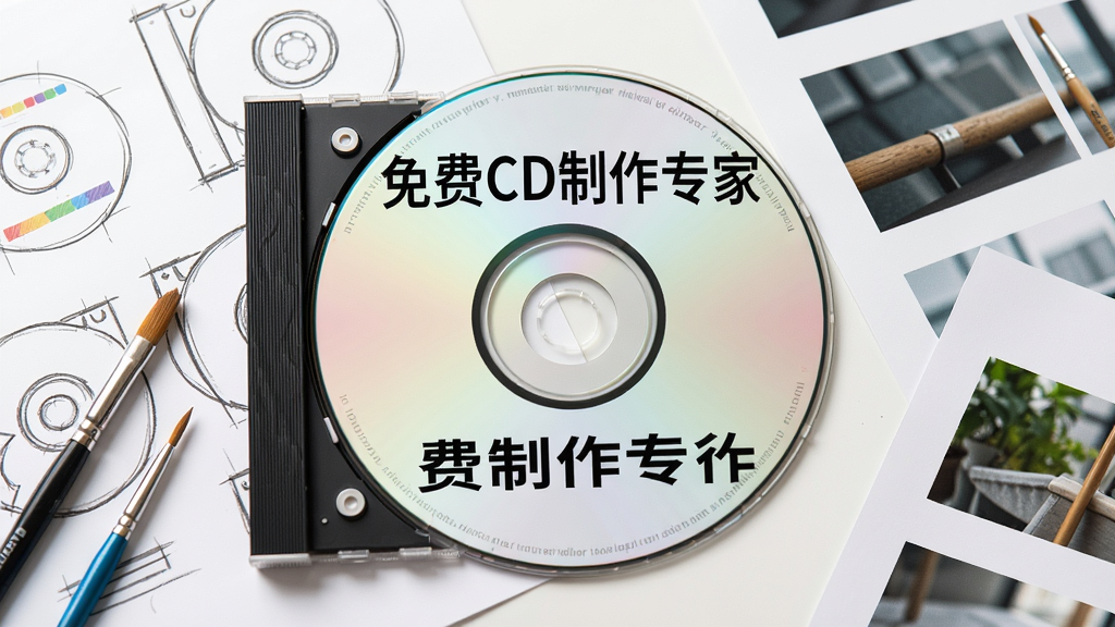主体为一张印有“免费CD制作专家”字样的光盘盘面,旁边散落着设计草图、画笔和打印样张。布局为俯拍视角,盘面居中,设计元素环绕周围。风格为明亮清新的商业摄影风格,细节丰富,画质细腻,无多余杂物。