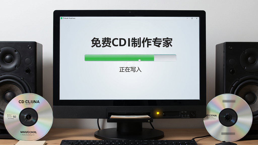 主体为“免费CD制作专家”正在刻录的电脑屏幕特写,屏幕显示进度条和“正在写入”字样,光驱指示灯亮起。布局为电脑屏幕居中,周围有音乐光盘和音响。风格为写实摄影,细节清晰,画质高清,无多余元素。