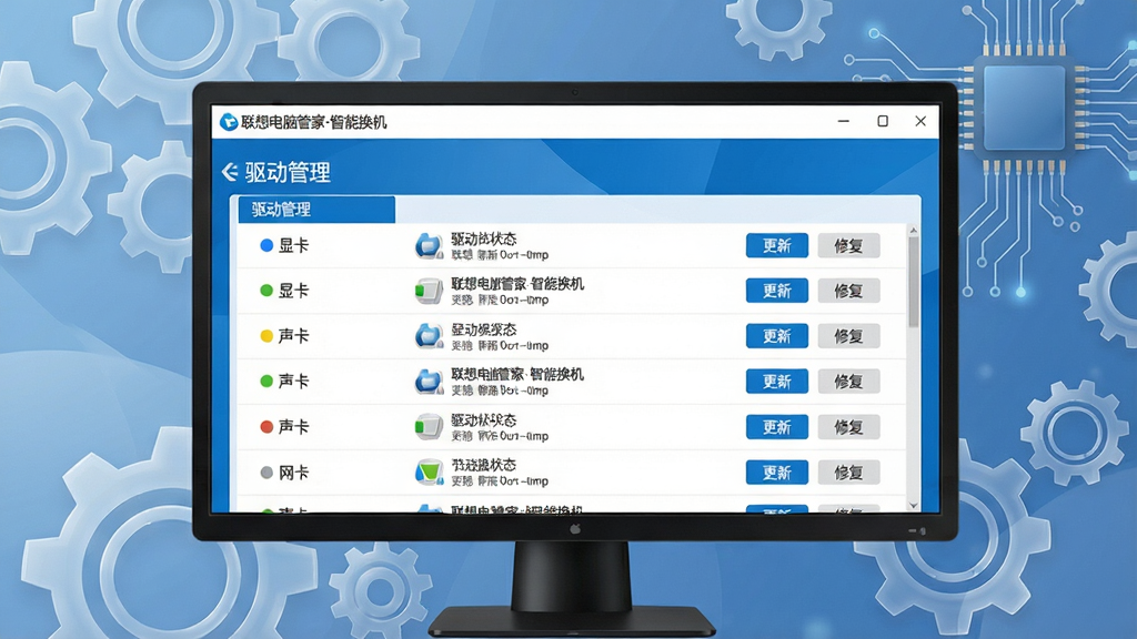 主体:电脑屏幕中显示联想电脑管家智能换机的“驱动管理”模块,列表展示显卡、声卡、网卡等驱动状态;布局:界面截图居中,周围有半透明齿轮和电路板装饰元素;排版:驱动列表按类别排列,状态图标清晰可见;风格:简洁商务风,蓝白配色;细节:驱动项旁有“更新”“修复”按钮,顶部有“联想电脑管家智能换机”标识;画质:高清,干净,无多余元素
