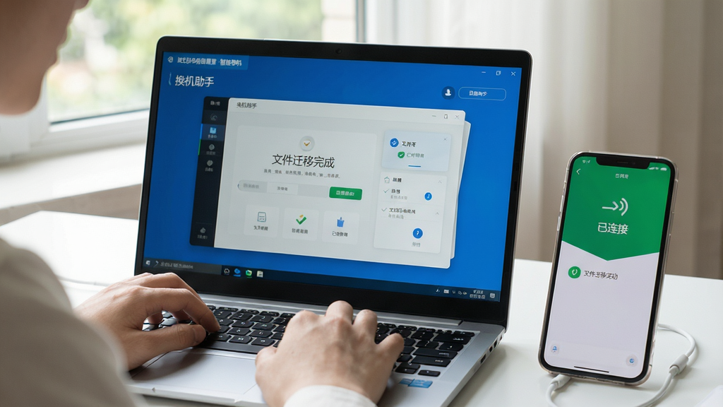 主体:用户正在操作笔记本电脑,屏幕中显示联想电脑管家智能换机的“换机助手”界面,旁边有一部手机显示配对成功;布局:场景化构图,人物手部动作清晰,电脑屏幕与手机屏幕内容突出;排版:画面干净,主次分明;风格:写实摄影风,自然光;细节:屏幕上显示“文件迁移完成”字样,手机屏幕显示“已连接”标识;画质:高清,干净,无多余元素