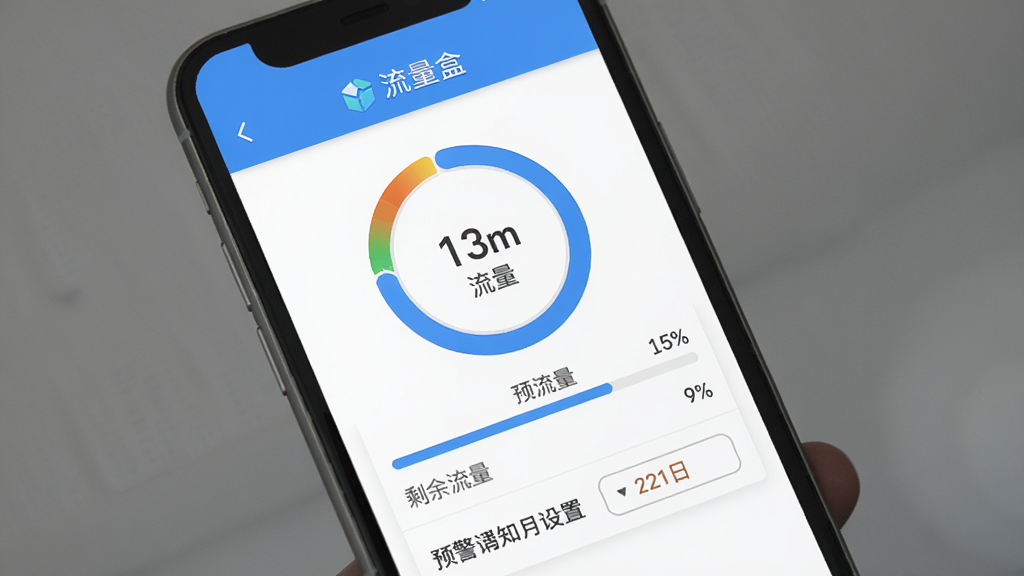 界面设计简洁的手机应用截图,主体为“流量盒”流量监控页面,显示环形流量图表、剩余流量数字和预警设置选项,布局清晰,蓝白配色,扁平化风格,细节包括进度条和日期标签,画质干净,无多余元素