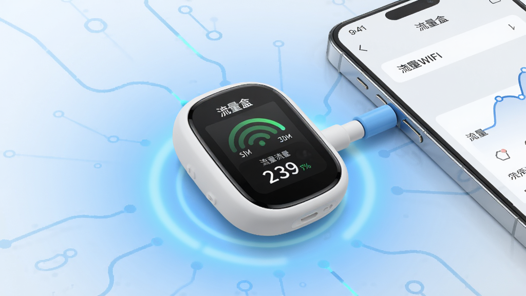 一张现代感十足的科技产品渲染图,主体为“流量盒”随身WiFi设备与手机连接界面,设备小巧圆润,屏幕上显示信号与流量数据,背景为渐变蓝色科技光效,布局居中,整体风格简洁明亮,细节丰富,画质清晰干净,无多余元素