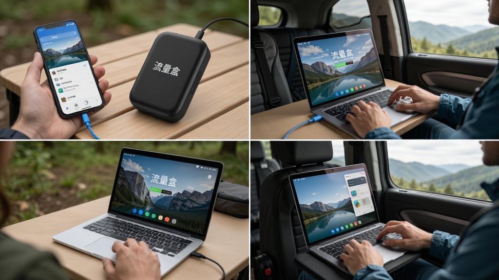 一组使用场景拼图,主体为“流量盒”随身WiFi在户外办公、旅行途中使用的画面,包括手机连接、笔记本电脑上网等场景,布局为上下分屏,风格写实,细节丰富,画质清晰干净,无多余元素