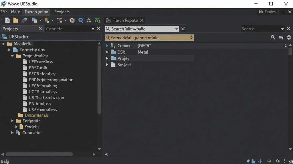 UEStudio 项目管理界面,左侧项目树清晰列出多个文件,工具栏显示查找替换面板,搜索关键词高亮显示,整体界面清爽,逻辑清晰,画质清晰,干净无多余元素