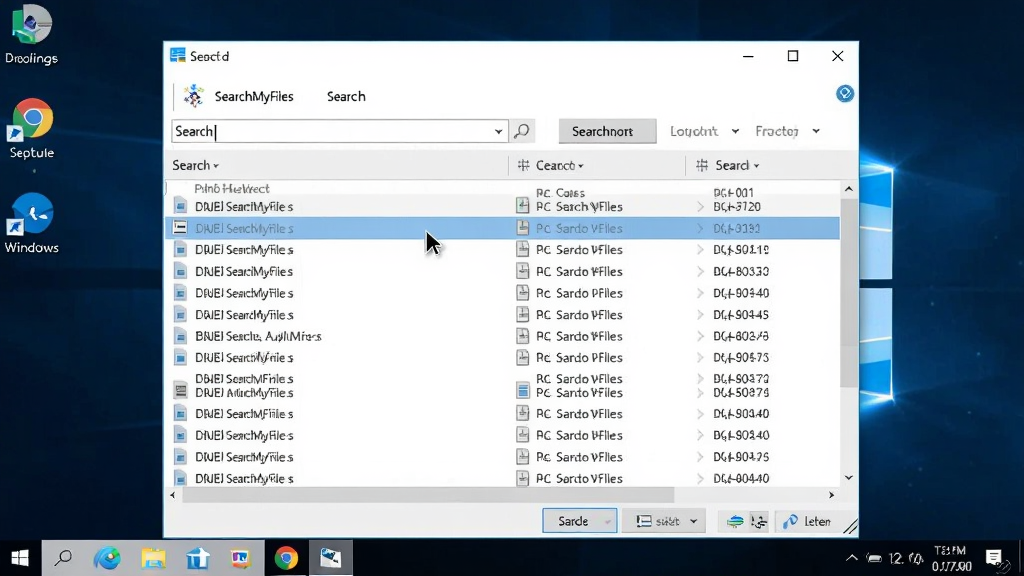 SearchMyFiles软件在Windows 10桌面上运行的实拍截图,背景为系统桌面,软件窗口居中显示,搜索结果列表清晰可见,鼠标指针悬停在某个文件上,画质清晰,干净无多余元素