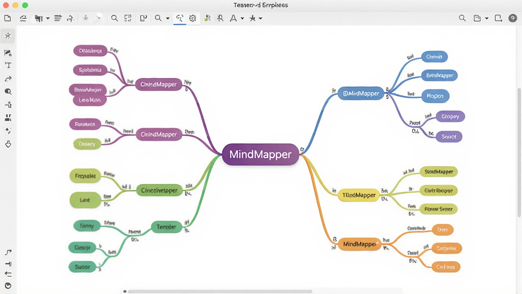 MindMapper 思维导图软件主界面预览图,展示清晰的项目导图布局,中心主题发散出多个彩色分支节点,界面简洁现代,色彩明快,高清画质,干净无多余元素