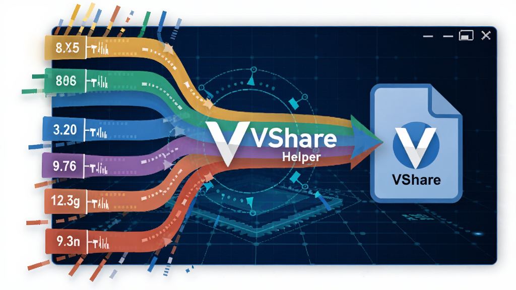 VShare Helper多线程加速示意图,展示多个彩色数据流同时汇入一个文件图标,背景为深蓝色科技感网格,中央有VShare Helper标志,布局居中,扁平化风格,细节包含速度数值和线程数标识,画质清晰,干净无多余元素