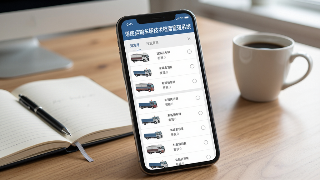 画面主体为道路运输车辆技术档案管理系统在手机上的运行界面,手机屏幕显示车辆档案列表,背景为办公桌,有笔记本和咖啡杯。手机界面清晰可见“道路运输车辆技术档案管理系统”标题栏,风格简洁,画质高清,无多余元素。