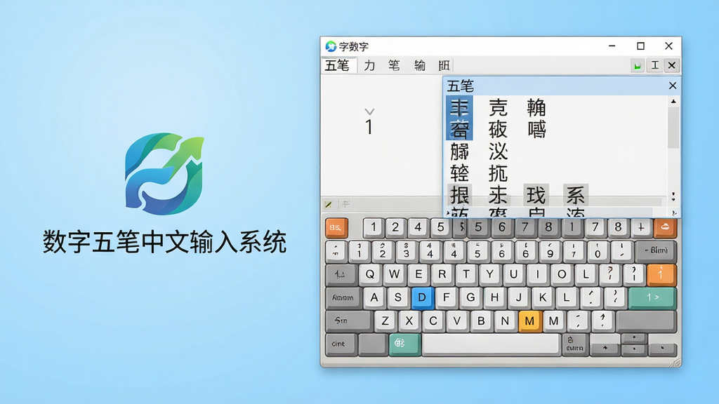 主体:数字五笔中文输入系统的软件界面展示,电脑屏幕中显示输入法状态栏和候选词窗口。布局:左侧为软件logo和名称“数字五笔中文输入系统”,右侧为输入演示区域,键盘与文字叠加。排版:居中构图,背景为浅蓝色渐变,界面元素清晰排列。风格:现代扁平化设计,色彩明亮。细节:输入法状态栏显示“五笔”字样,候选词窗口有多个汉字选项,键盘上数字键高亮。画质:高清,干净,无多余元素。