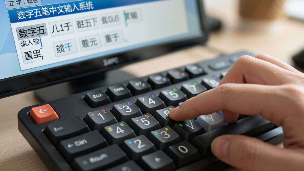主体:用户使用数字小键盘进行五笔输入,手指在数字键上操作。布局:近距离特写,键盘位于画面中央,手指按在数字键上,屏幕显示输入结果。排版:焦点集中在键盘与手指,背景虚化。风格:写实风格,光线明亮。细节:键盘上数字键有彩色标注,屏幕显示“数字五笔中文输入系统”的输入界面,候选词清晰可见。画质:高清,干净,无多余元素。