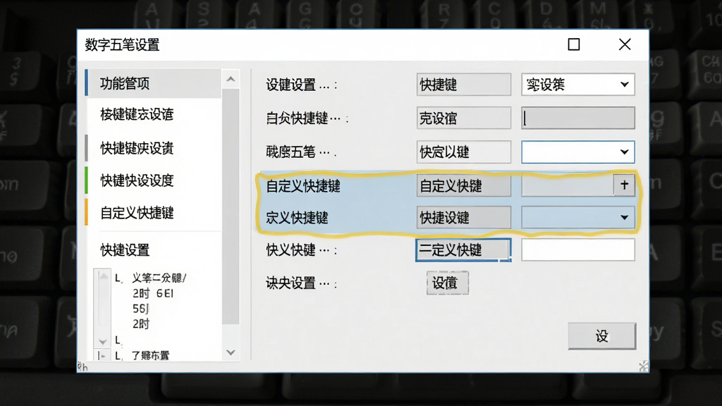 主体:数字五笔中文输入系统的设置界面截图,展示快捷键设置选项。布局:窗口居中,左侧为功能列表,右侧为具体设置项。排版:清晰有序,字体大小适中。风格:浅色简洁界面。细节:窗口标题为“数字五笔设置”,高亮显示自定义快捷键区域。画质:高清,干净,无多余元素。
