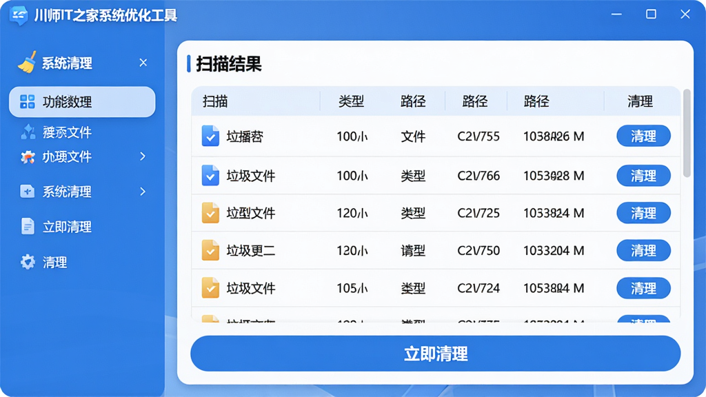 主体:川师IT之家系统优化工具的“系统清理”功能界面,展示扫描出的垃圾文件列表。布局:左侧功能列表,右侧扫描结果表格,底部“立即清理”按钮。排版:数据清晰,文件大小、类型、路径一目了然。风格:清爽蓝色调,圆角卡片设计。细节:文件类型图标,清理按钮高亮。画质:高清,干净,无多余元素。