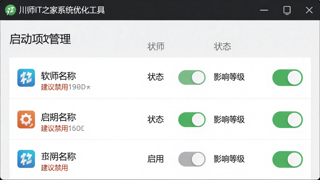 主体:川师IT之家系统优化工具的“启动项管理”界面,展示启动项列表和状态开关。布局:列表形式,每项包含软件名称、状态、影响等级。排版:开关按钮醒目,支持批量操作。风格:现代简约,绿色表示已启用,灰色表示已禁用。细节:标注“建议禁用”提示。画质:高清,干净,无多余元素。