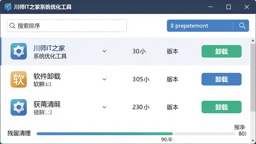 主体:川师IT之家系统优化工具的“软件卸载”界面,展示已安装软件列表。布局:列表形式,每个软件名称、大小、版本、卸载按钮。排版:清晰整洁,支持搜索排序。风格:扁平化设计,图标美观。细节:显示“残留清理”进度条。画质:高清,干净,无多余元素。