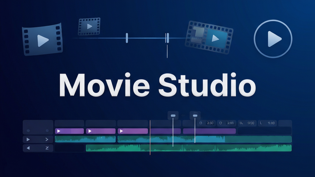 主视觉展示图:现代简约风格,画面中央显示“Movie Studio”品牌名称,背景为深蓝色渐变,搭配动态视频剪辑轨道、时间线、播放按钮等元素,布局大气,排版清晰,画质细腻,干净无多余元素