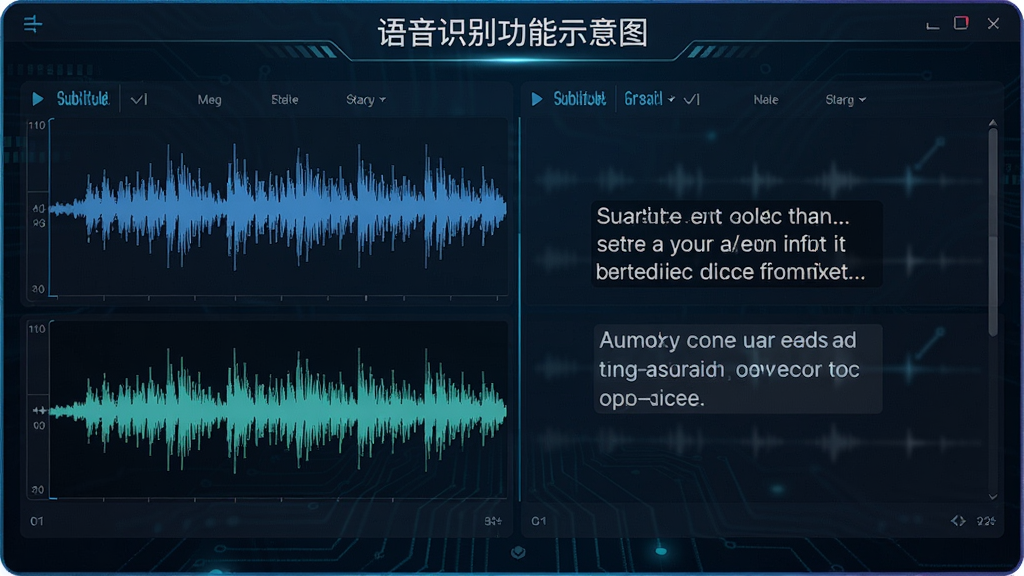 Subtitle Edit语音识别功能示意图,显示音频波形与自动生成的字幕文本,界面清晰,风格科技感,细节丰富,画质干净,无多余元素