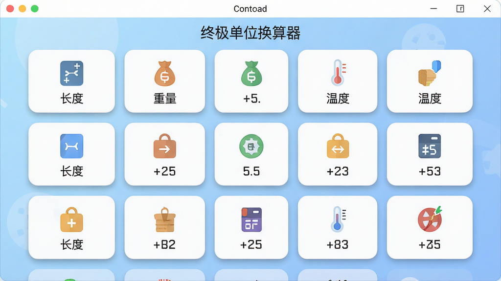 主体为“终极单位换算器”软件界面展示图,中央显示分类整齐的换算列表,背景为浅蓝色渐变,布局采用卡片式排列,每个卡片上标注“长度”“重量”“温度”等图标,风格扁平化,细节包括圆角边框和柔和阴影,画质高清干净,无多余元素