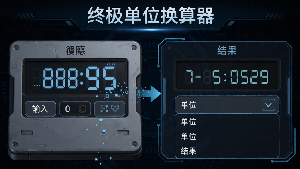主体为“终极单位换算器”换算过程图,布局左右结构,左侧输入数值,右侧显示结果,风格科技感,细节包含数字跳动特效和单位下拉菜单,画质清晰无多余元素