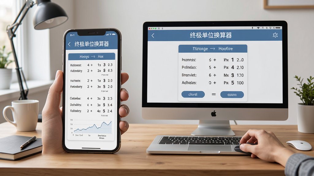 主体为“终极单位换算器”使用场景图,布局为手机和电脑并排,屏幕中显示换算界面,风格生活化,细节包括桌面和手持状态,画质干净无多余元素