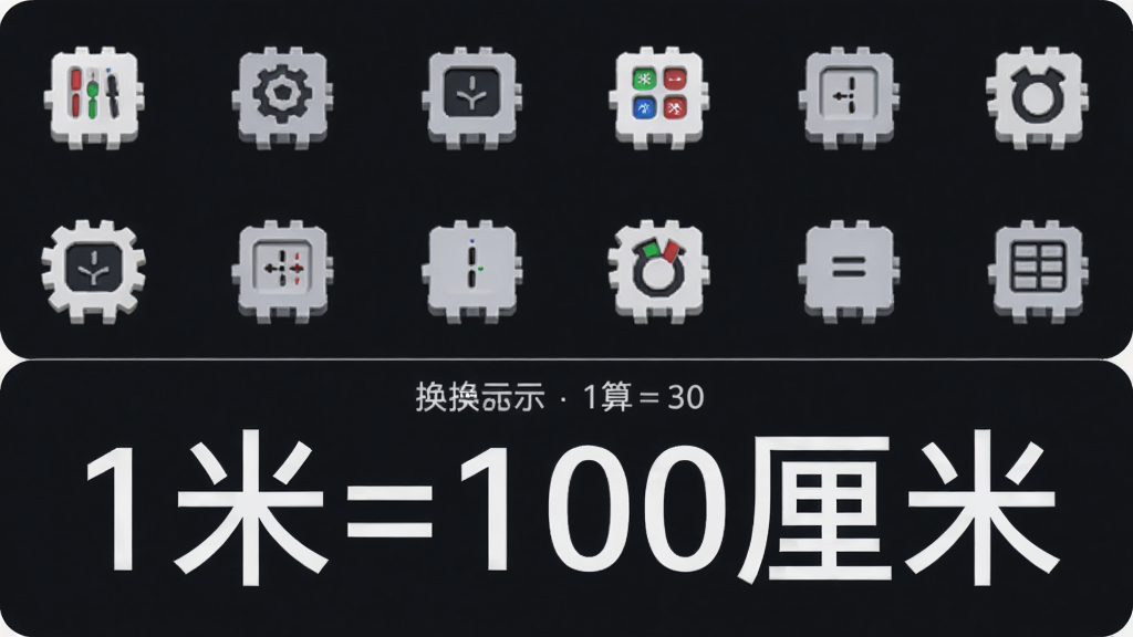 主体为“终极单位换算器”功能展示图,布局为上下结构,上方展示分类图标网格,下方展示一个换算示例(如1米=100厘米),风格简洁商务,细节突出数据精准,画质干净无多余元素