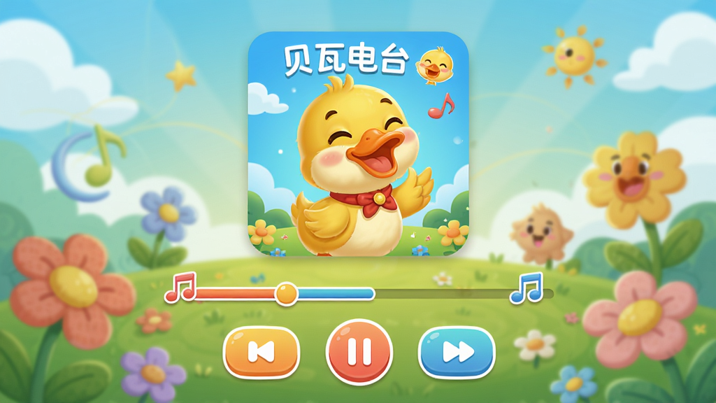 ���壺���ߵ�̨APP����ҳ�棬��ʾһ�׶���Ĳ��Ž��棬���п�ͨ�������������֣��Ϸ�Ϊ�������棬�·�Ϊ�������Ϳ��ư�ť���Ű棺���жԳƣ���ť�������롣��񣺶�̬��ͨ���ɫ����ܰ��ϸ�ڣ�����ͼΪСѼ�ӳ��裬��������������װ�Σ���ťΪԲ�Ǿ��Σ����廭��ɾ��޶���Ԫ�ء����ʣ����壬֡������������㡣