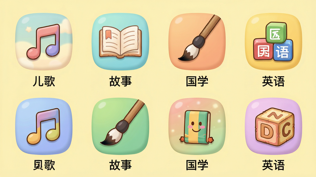 ���壺���ߵ�̨APP���ݷ���ҳ�棬չʾ�����衱�����¡�����ѧ����Ӣ��Ȳ�ɫͼ�ꡣ���֣�����״���У�ÿ��ͼ���·��������ֱ�ǩ���Ű棺ͼ���Сͳһ���������룬����Ϊǳ��ɫ��������¿�ͨ�廭�磬ͼ��Բ��ɰ���ϸ�ڣ�ÿ��ͼ���ϻ����ж�Ӧ�Ŀ�ͨԪ�أ����������鱾��ë�ʡ���ĸ�飬���廭��ɾ��޶���Ԫ�ء����ʣ����壬ɫ����ͣ�����㡣