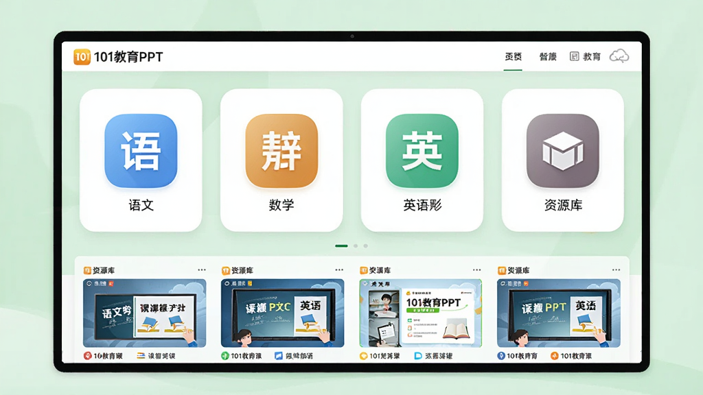 主体为101教育PPT的资源库界面,屏幕上展示多个学科分类图标,如语文、数学、英语,下方是各类课件缩略图,背景为浅绿色,现代简约风格,排版整齐,细节清晰,画质干净,无多余元素,图片中带有“101教育PPT”字样的标识