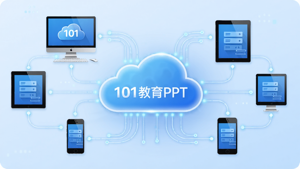 主体为101教育PPT的多端同步示意图,画面中央是一朵云,云周围环绕着电脑、平板、手机等设备图标,设备间有数据线条连接,背景为淡蓝色,科技感风格,布局清晰,细节丰富,画质干净,无多余元素,图片中带有“101教育PPT”字样