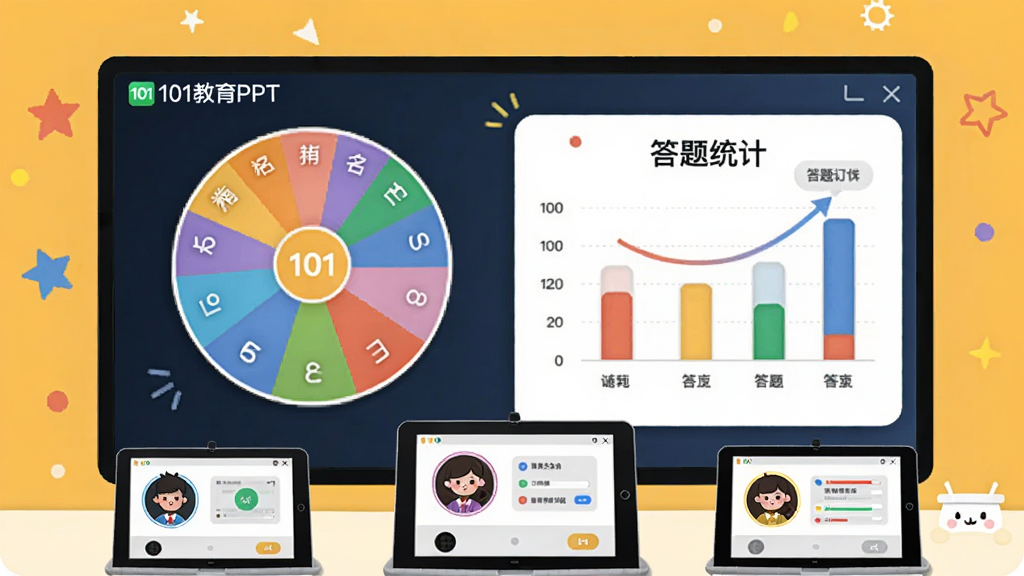 主体为101教育PPT的课堂互动界面,屏幕上显示随机点名转盘和答题统计图表,下方是学生端设备示意图,背景为暖黄色,活泼风格,布局生动,细节清晰,画质干净,无多余元素,画面中带有“101教育PPT”字样