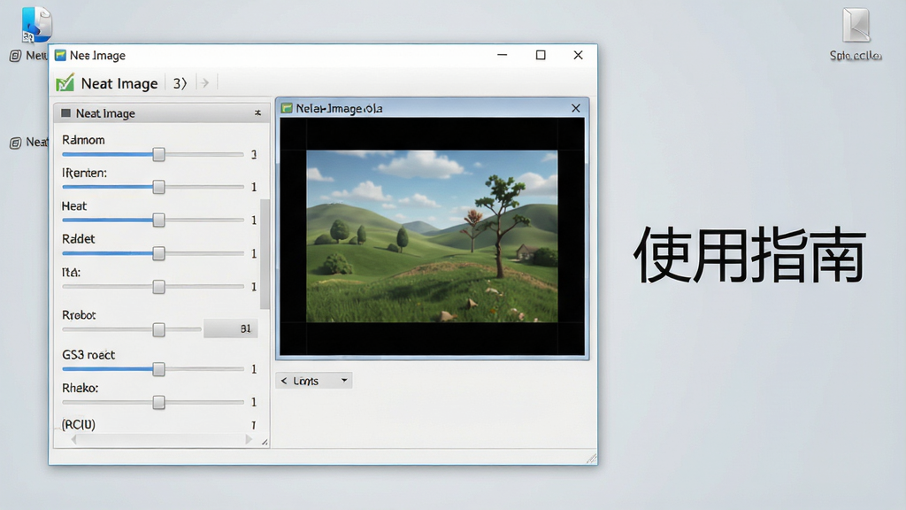 一张展示Neat Image软件操作教程的截图,画面中显示主界面上的参数滑块和预览窗口,旁边有文字标注“使用指南”,背景为浅灰色桌面,风格简洁清晰,画质干净无多余元素