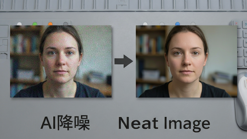 一张展示Neat Image智能降噪前后对比的示意图,左半部分为布满噪点的原始照片,右半部分为降噪后的干净画面,中间用箭头连接,背景为简洁的灰色工作台,图片下方标注“AI降噪”与“Neat Image”字样,风格写实清晰,画质干净无多余元素