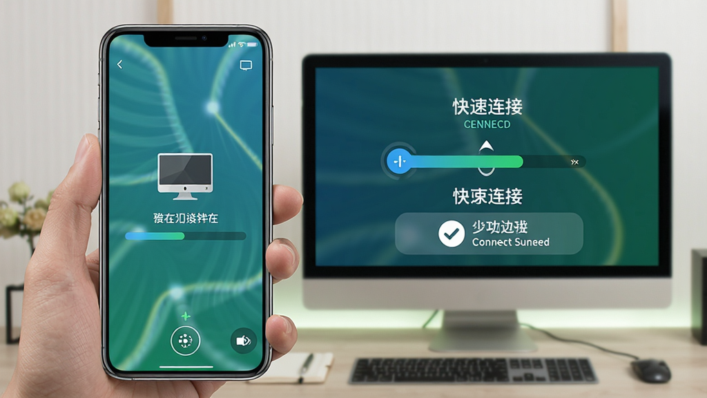 飞屏软件投屏连接过程截图,手机屏幕显示正在搜索设备,电脑屏幕显示已连接,界面带有进度动画和连接成功提示,色彩明亮,画质清晰,突出快速连接的特点。