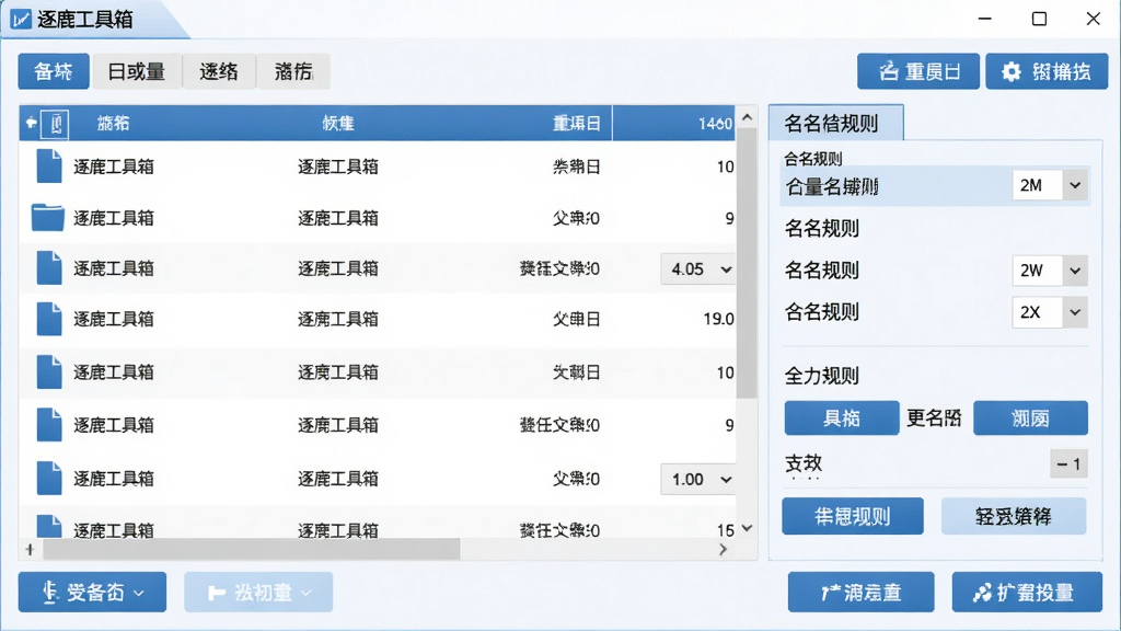 逐鹿工具箱文件批量重命名操作界面,主体为文件列表和命名规则设置区域,布局合理,功能按钮清晰,风格务实,蓝白配色,细节完整,画质干净,无多余元素