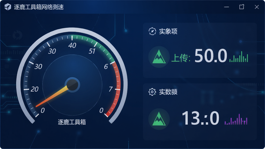 逐鹿工具箱网络测速界面,主体为速度仪表盘和实时数据展示,布局简洁,图形化显示上传下载速度,风格科技感,深蓝背景,数据清晰,画质干净,无多余元素