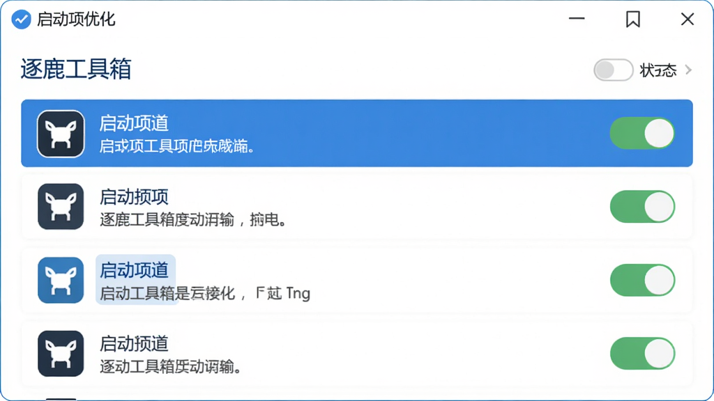 逐鹿工具箱启动项优化界面,主体为启动项列表和状态开关,布局规整,每个项目有图标和描述,风格清爽,白底蓝字,细节清晰,画质干净,无多余元素