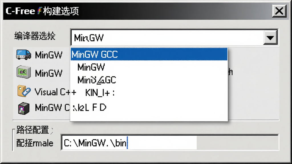 主体:C-Free软件“构建选项”对话框,显示编译器列表,包含MinGW、Visual C++等选项。 布局:对话框中上部为编译器选择下拉列表,下部为路径配置栏。 排版:选项清晰,均带小图标。 风格:Windows经典对话框风格,白底灰边。 细节:下拉列表展开,高亮显示“MinGW GCC”,路径栏显示“C:\\MinGW\\bin”。 画质:清晰,干净,无多余元素。