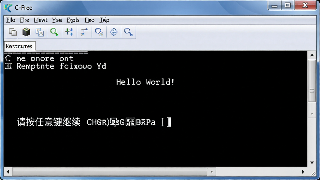 主体:C-Free软件运行程序后的控制台窗口,显示“Hello World”输出,并显示“请按任意键继续”。 布局:窗口为黑色控制台,居中显示白色文字。 排版:文字清晰,字体为点阵字体。 风格:经典控制台风格。 细节:输出“Hello World!”,底部有提示。 画质:高清,干净,无多余元素。
