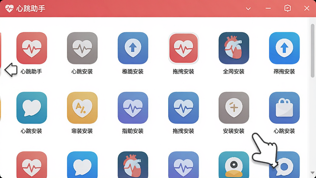 图片主体为心跳助手软件的应用管理界面,布局为列表形式展示已安装应用图标,排版整齐有序,风格为简洁的UI设计,细节包含“心跳助手”应用管理页面与拖拽安装操作示意,画质干净清晰,无多余元素。