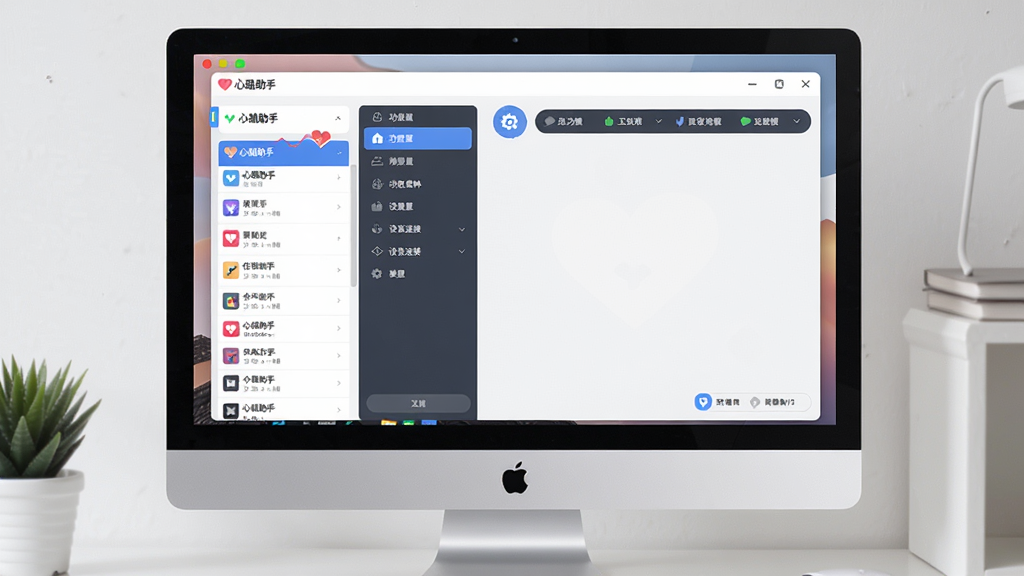 图片主体为“心跳助手”软件界面在电脑屏幕上的展示,布局为桌面端软件主窗口,包含应用列表、功能菜单与设备连接状态栏,排版简洁清晰,风格偏向现代扁平化设计,细节突出软件名称“心跳助手”字样,画质高清干净,无多余元素。