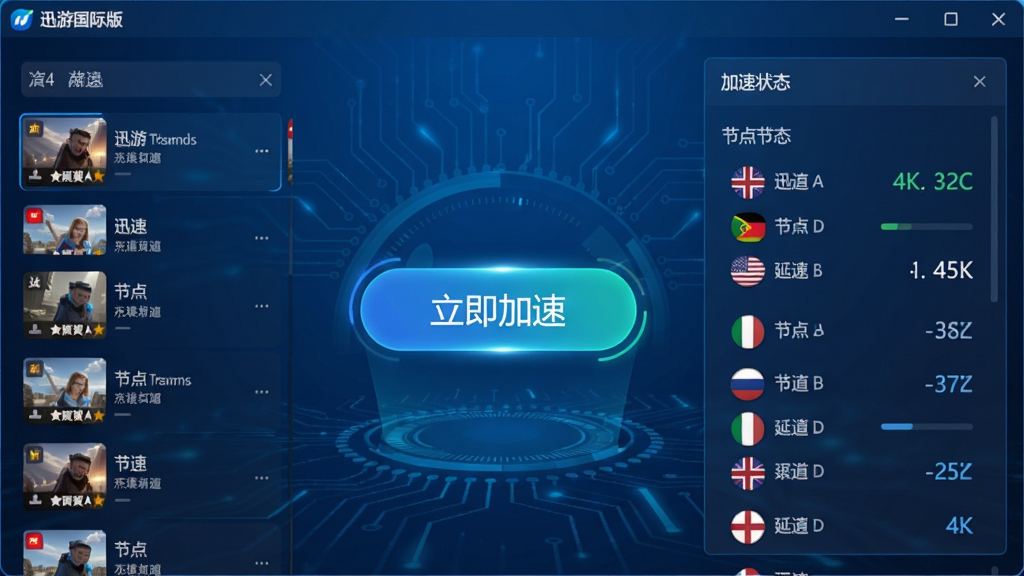 主体:迅游国际版软件界面,展示加速按钮和节点列表。布局:界面居中,背景为科技感蓝色调,左侧为游戏列表,右侧为加速状态面板。排版:简洁清晰,按钮突出,数据仪表盘直观。风格:现代扁平化,搭配光效。细节:加速按钮显示“立即加速”,节点列表含多个国家国旗图标,延迟数字醒目。画质:4K高清,干净整洁,无多余元素。