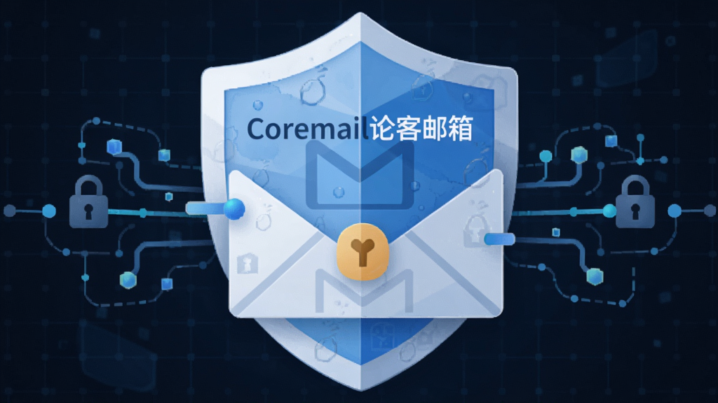 一个盾牌图标与邮件信封结合的创意插画,盾牌表面有“Coremail论客邮箱”字样与水印纹理,背景为数字网格,主体居中,布局对称,排版科技感强,风格扁平化,细节包括锁形符号与加密线条,画质清晰干净,无多余元素