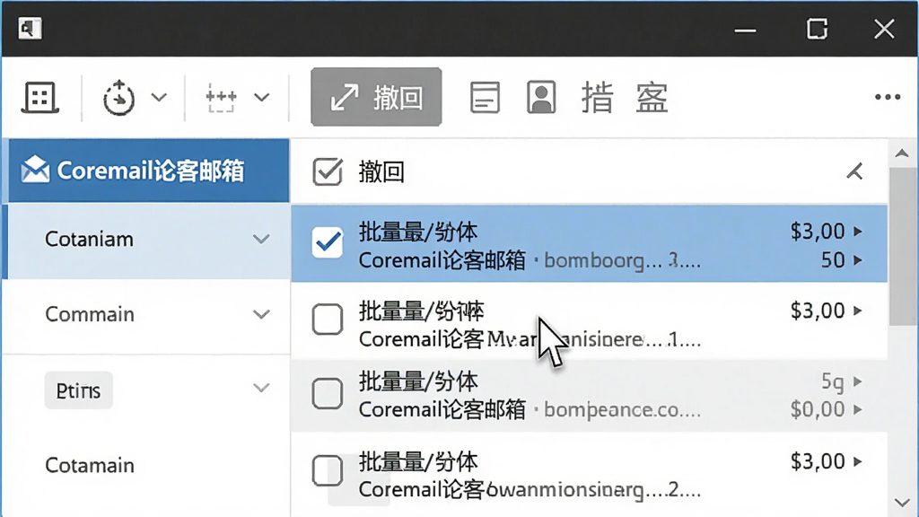 一个电脑窗口界面展示邮件列表与批量勾选操作,顶部工具栏有“撤回”按钮图标,界面左侧是“Coremail论客邮箱”品牌栏,主体为屏幕截图风格,布局规整,排版清晰,风格现代,细节包括鼠标指针与选中状态高亮,画质干净无多余元素