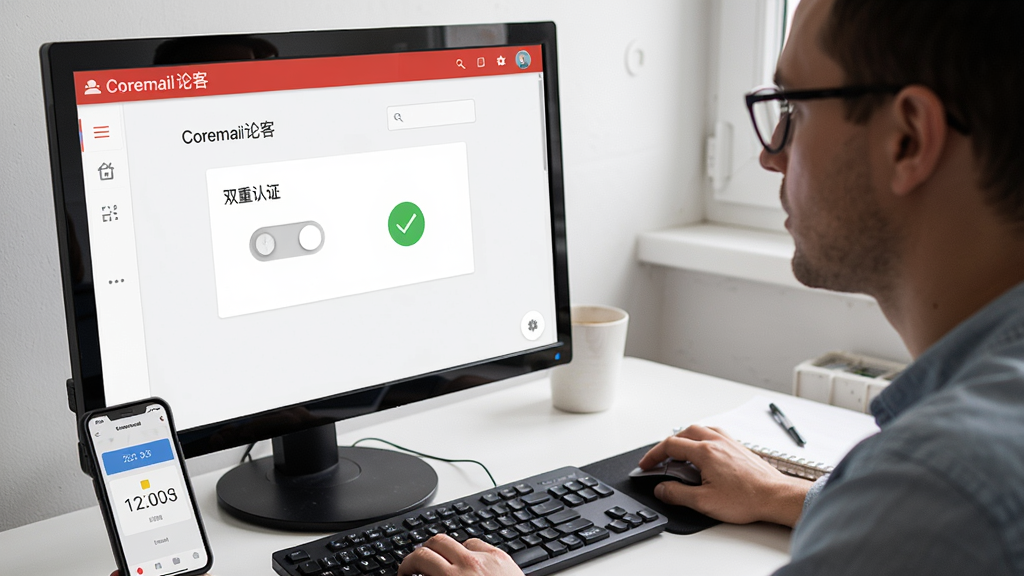 一个用户正在电脑前操作Coremail论客邮箱的设置界面,屏幕上有“双重认证”开关与绿色对勾,手机放在一旁显示验证码,主体为人物侧影与屏幕,布局自然,排版生活化,风格写实,细节包括键盘与鼠标,画质清晰干净