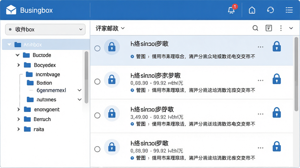 商务密邮软件主界面预览图,展示收件箱列表与加密邮件标识,界面简洁商务蓝白配色,左侧文件夹树,右侧邮件列表清晰显示加密锁图标,布局规整,风格现代,细节精致,画质高清干净无多余元素