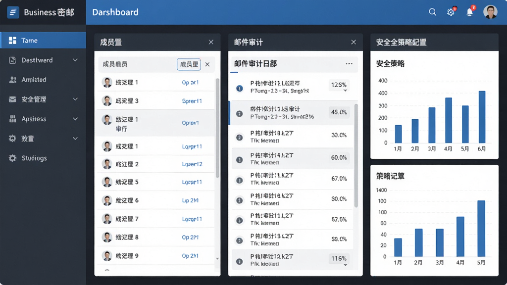商务密邮企业管理后台界面,显示成员列表、邮件审计日志与安全策略配置面板,图表统计清晰,左侧导航栏,整体色调为深灰与蓝色,布局规整,风格商务简约,细节丰富,画质高清干净
