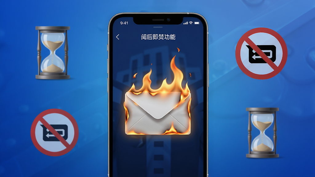 商务密邮阅后即焚功能演示,手机屏幕上显示邮件正在燃烧销毁的动画效果,背景为渐变蓝色,带有沙漏与禁止转发图标,布局居中,风格科技感强,细节精致,画质高清干净