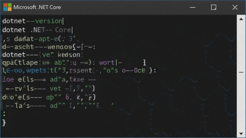 一张展示Microsoft .NET Core 命令行操作的图片,主体为黑色终端窗口,输入“dotnet --version”命令,布局居中,排版简洁,风格为真实屏幕截图,细节包括彩色代码高亮,画质清晰,干净无多余元素。