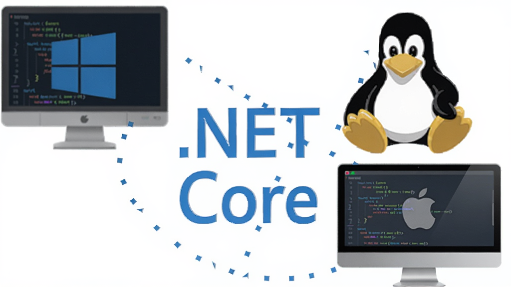 一张展示Microsoft .NET Core 跨平台特性的图片,主体为三个设备图标(Windows电脑、Linux企鹅、Mac电脑)围绕一个蓝色的“.NET Core”文字,布局呈三角形,排版整齐,风格为科技感插画,细节包括设备屏幕上的代码线条,画质清晰,干净无多余元素。