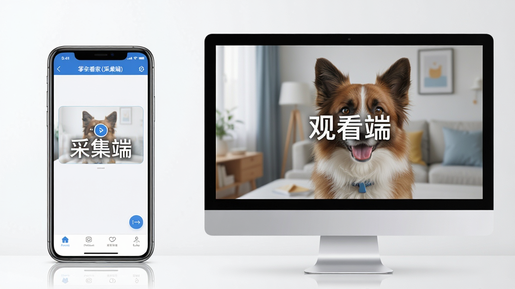 主体:一部手机与一台电脑屏幕并排,手机运行“掌上看家(采集端)”应用,电脑上显示观看端画面。布局:手机在左,电脑屏幕在右,形成对比。排版:画面干净,突出多端协同。风格:现代、写实、明亮。细节:手机屏幕上有“采集端”字样,电脑屏幕上有“观看端”字样。画质:高清、干净、无多余元素。