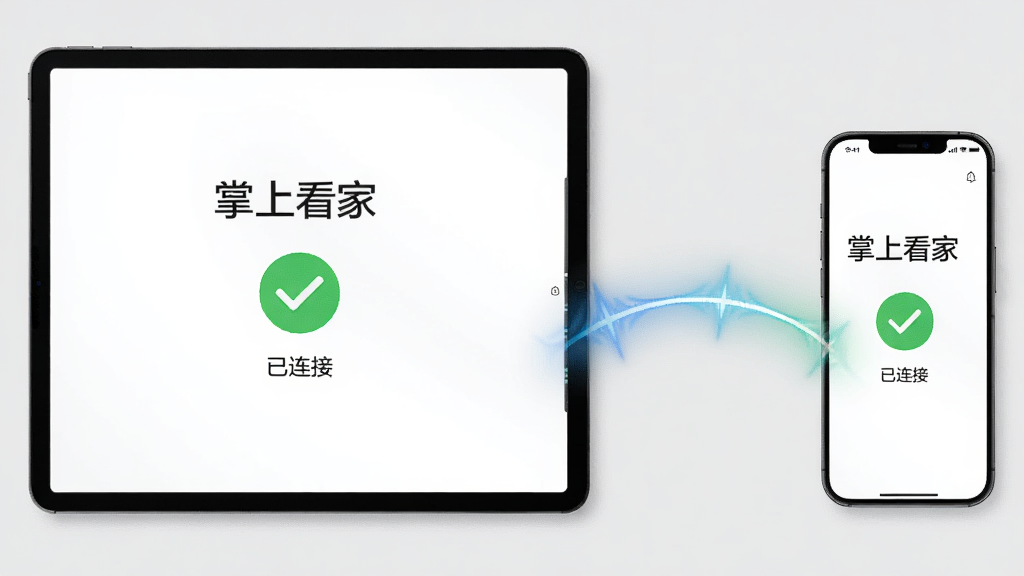 图片左侧是一台平板电脑,右侧是一部智能手机,屏幕上都显示“掌上看家”连接成功的界面,有绿色的对勾和“已连接”字样。中间用一条发光的曲线连接,背景为浅灰色,构图平衡,排版整洁,风格写实,画质清晰,画面干净。